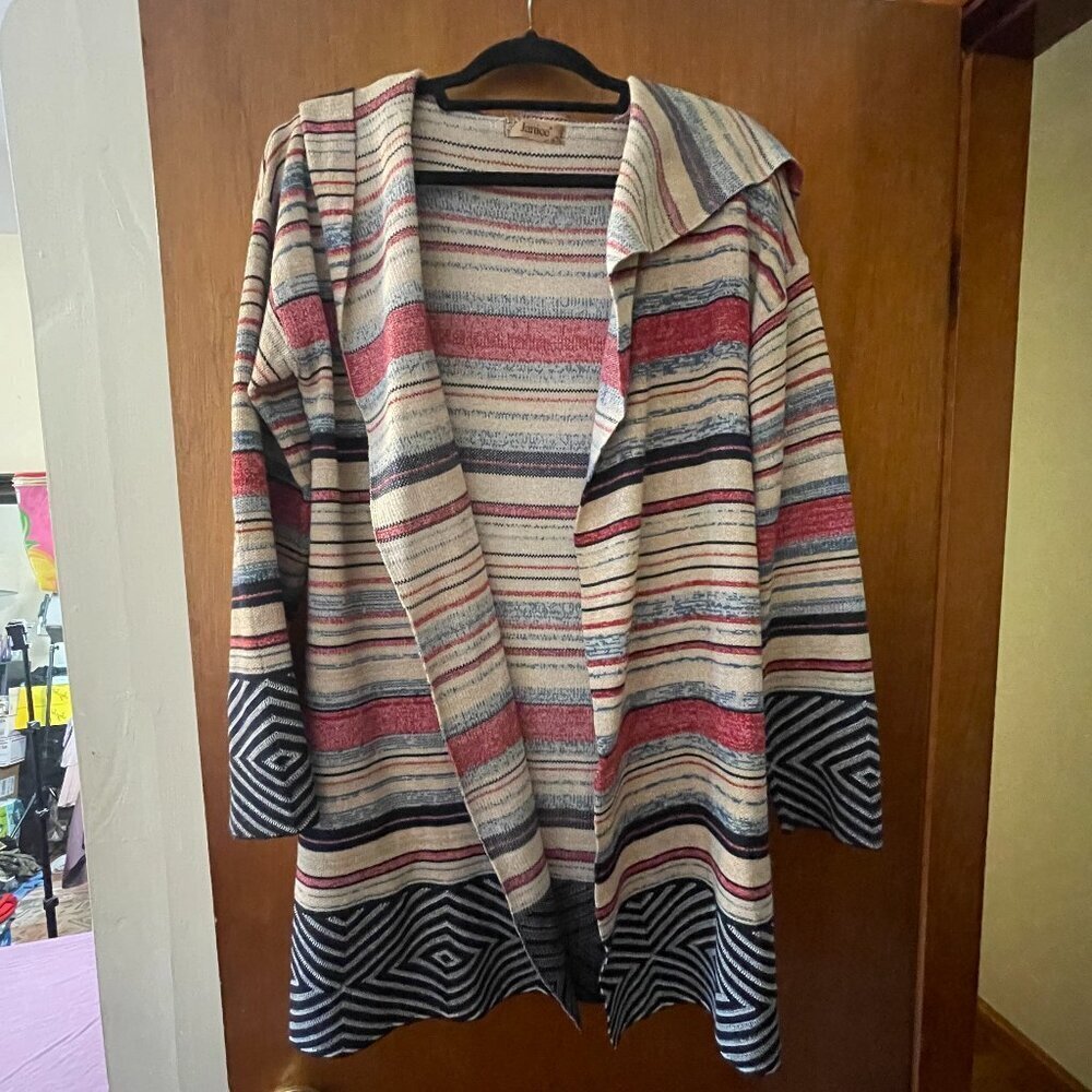 Janice Hooded Open Cardigan Sweater Multi Colored Stripes and Blue - One Size